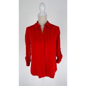 Diane Von Furstenberg Silk Button Front Roll Tab Sleeve Shirt Womens Size 2 Red